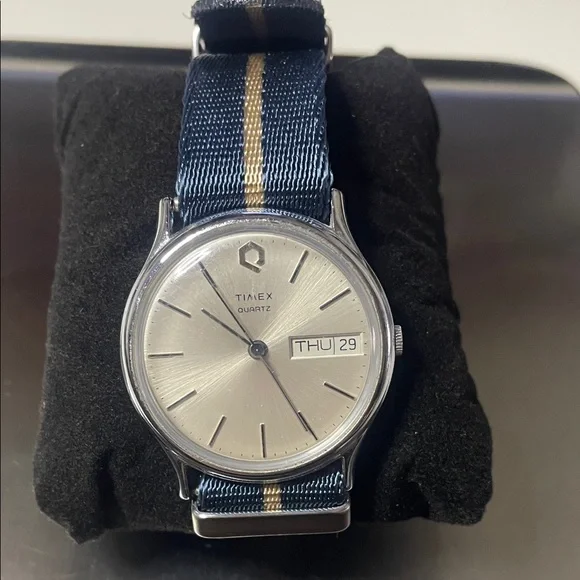 Timex Silver Dial Watch with Blue and Gold Nylon Strap - Picture 1 of 5